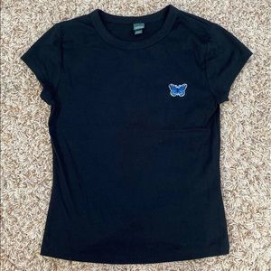 Embroidered blue butterfly black shirt